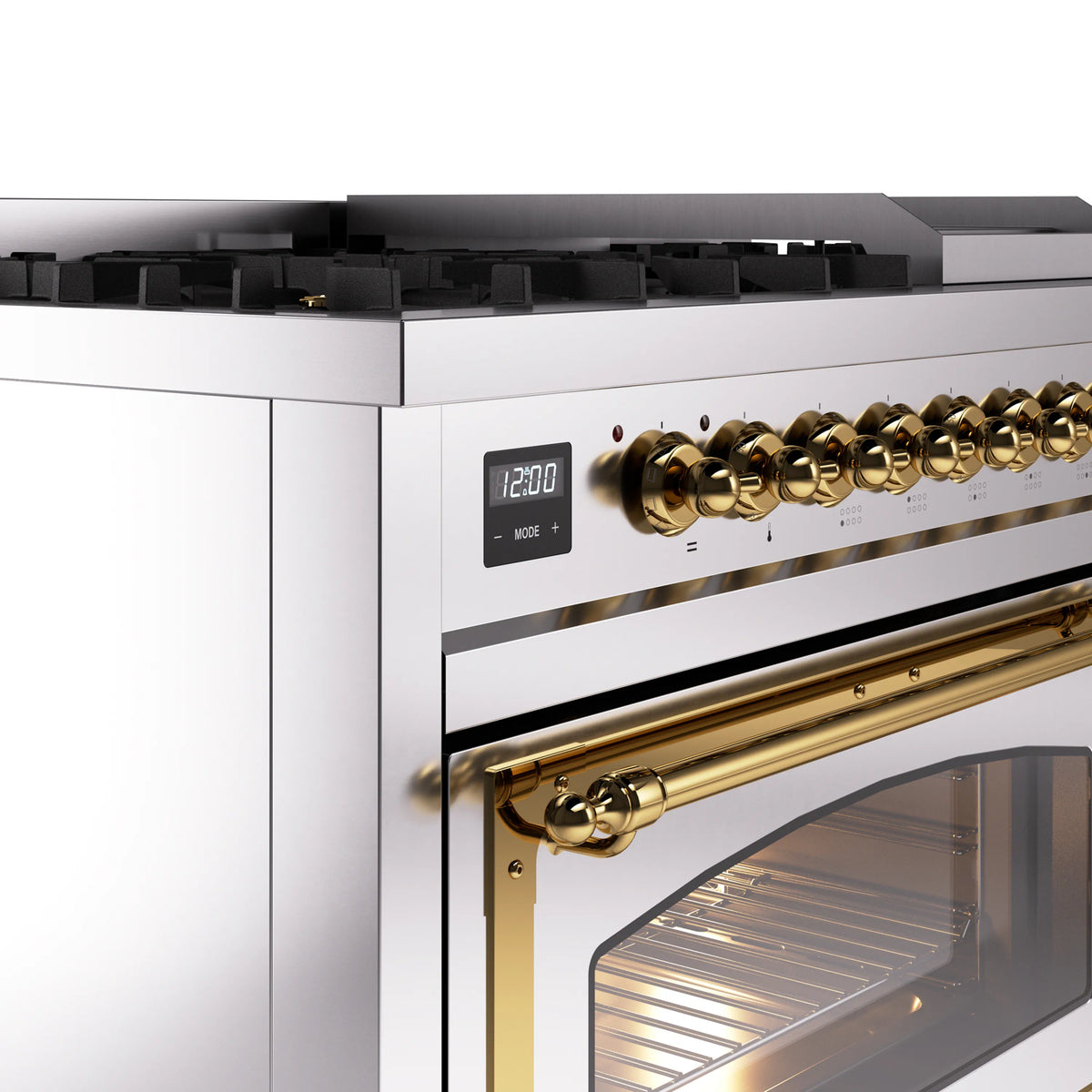 Stainless steel range panel with brass control trim, digital display, and oven handle