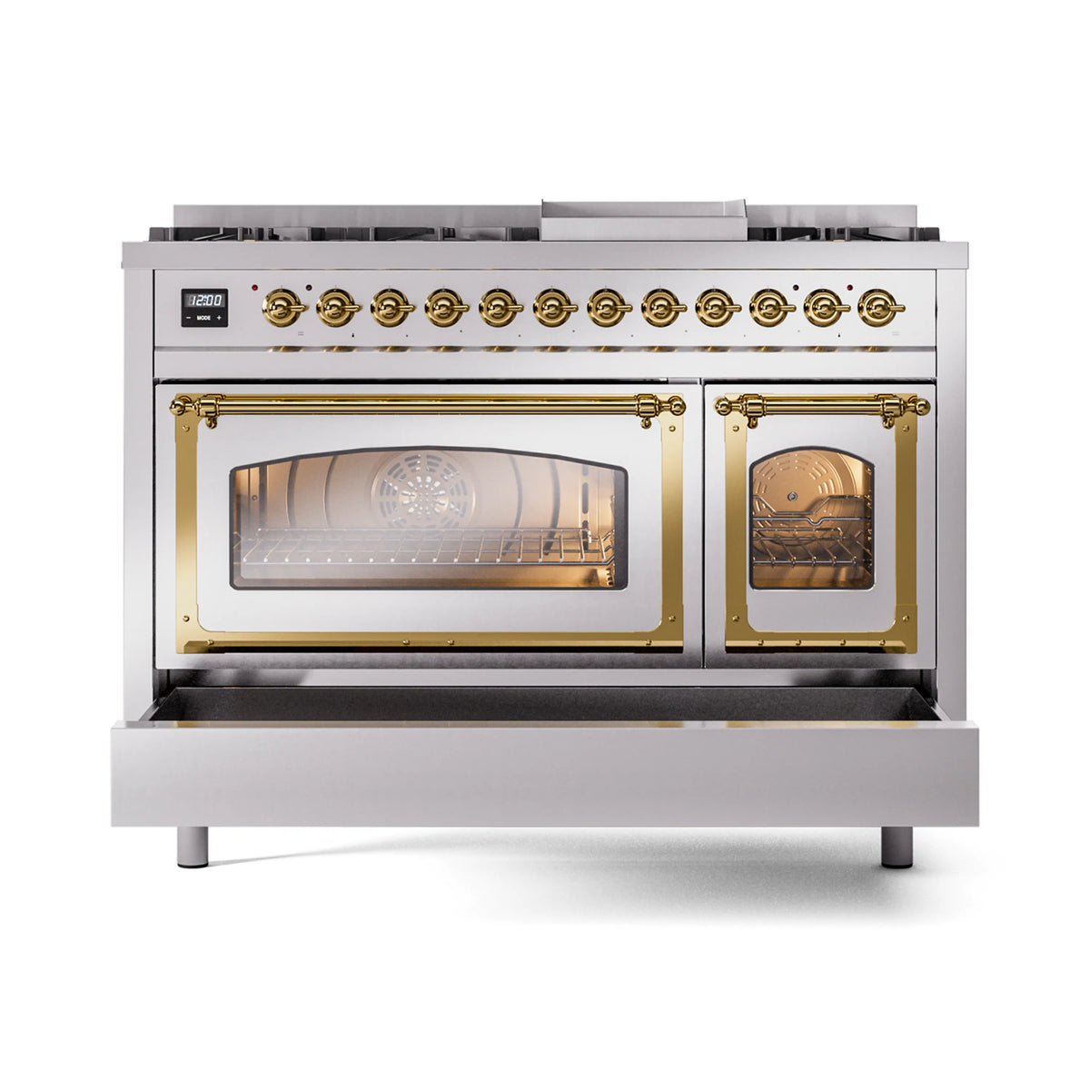 Freestanding stainless steel range with brass-trim ovens, closed doors, and control knob row