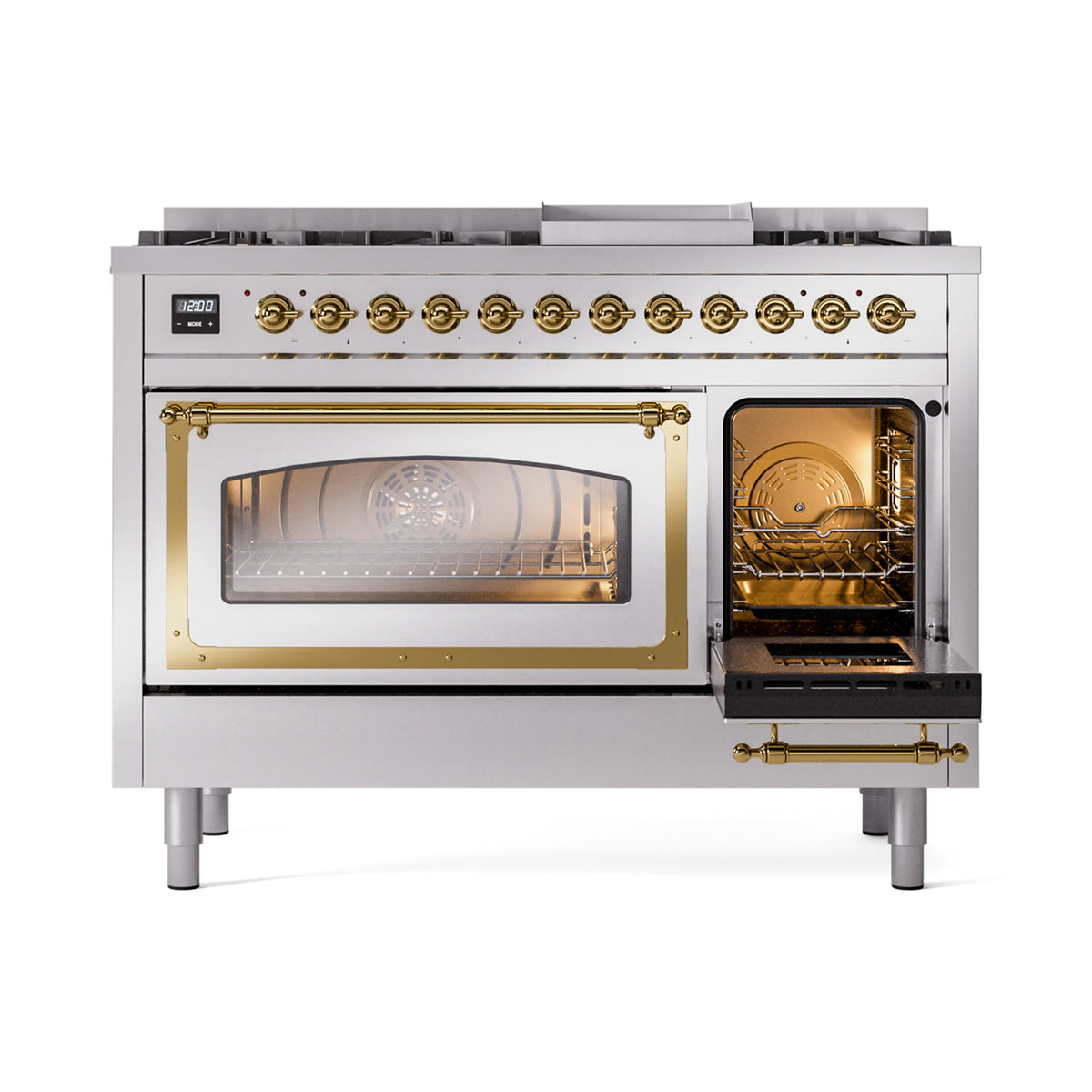 Freestanding dual-fuel range with open right oven door, brass trim, and control knobs