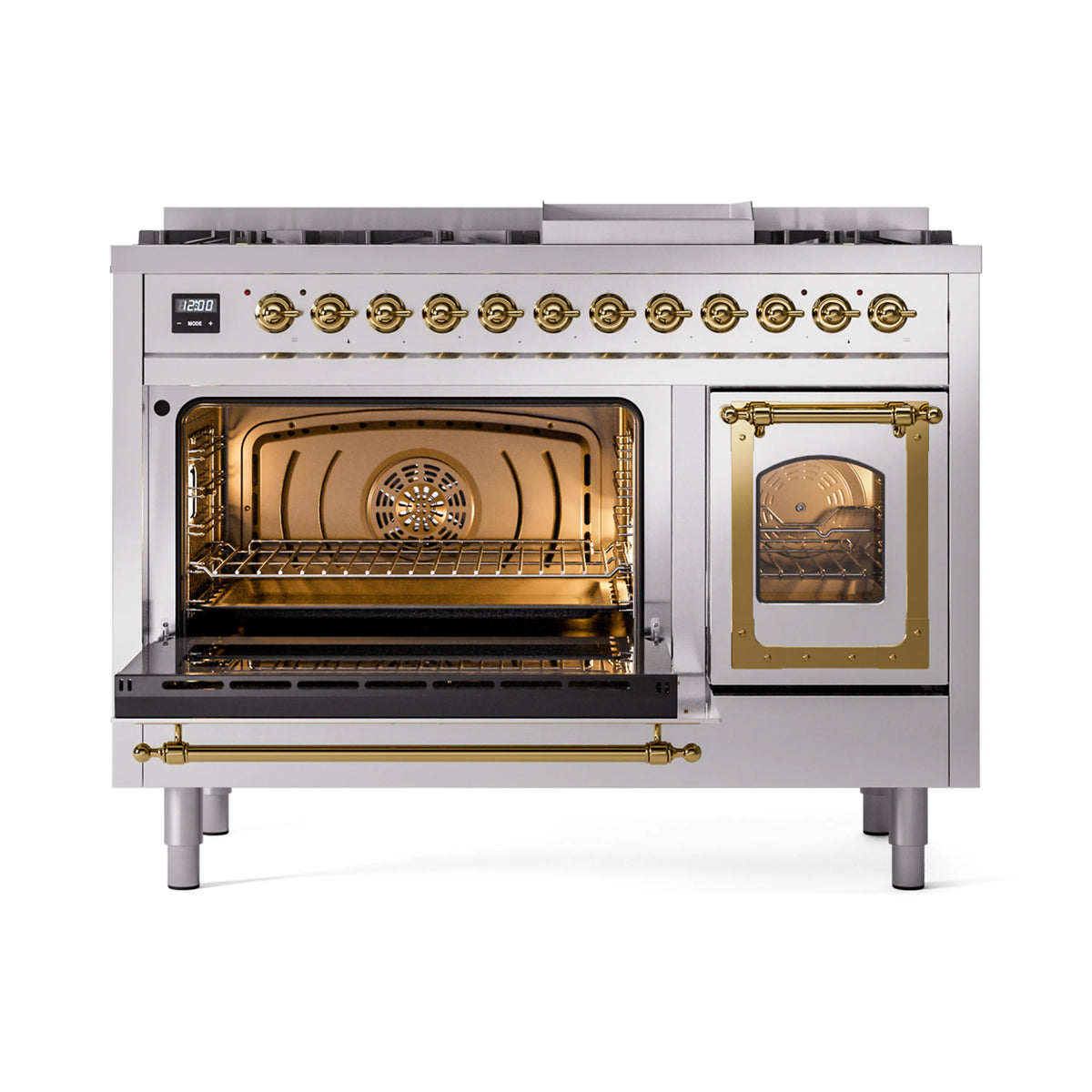 Freestanding dual-fuel range with both ovens open, brass trim, and illuminated interiors