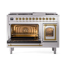 ILVE Nostalgie II Noblesse 48-Inch Freestanding Natural Gas Dual Fuel Range in Stainless Steel with Brass Trim (UN48FNMPSSG)