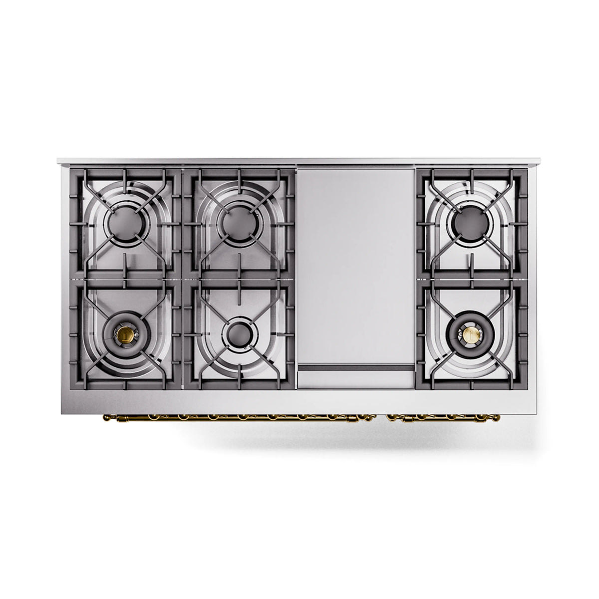 Stainless steel freestanding dual-fuel range with four burners and brass trim accents