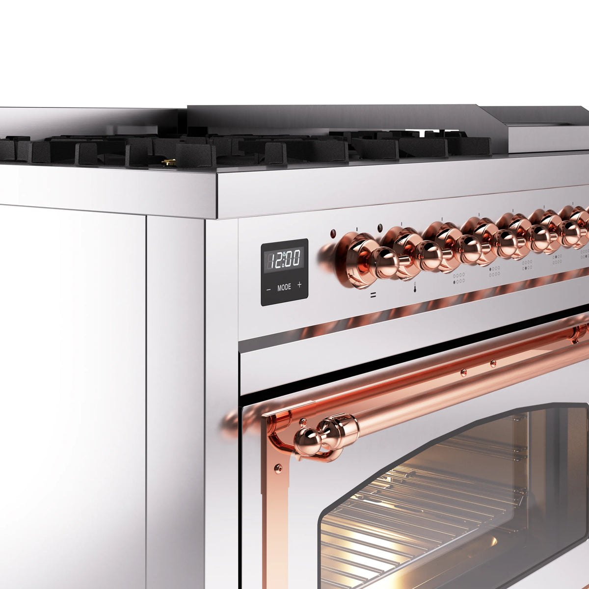 Stainless steel control panel with copper knobs and digital display