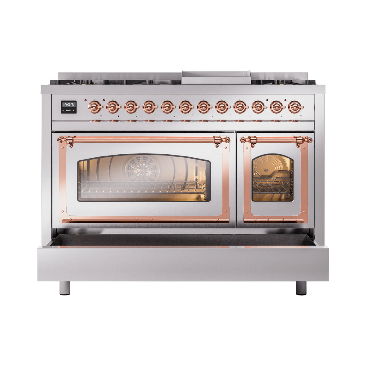 Stainless steel dual oven range with copper trim, two glass doors, and burner controls