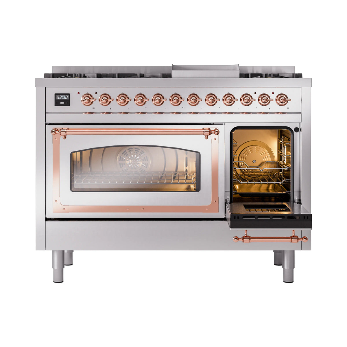 Stainless steel dual oven range with right oven door open and copper-trim front