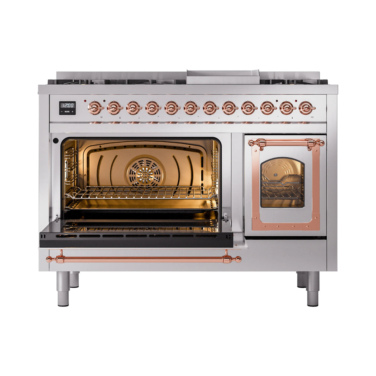 Stainless steel dual oven range with left oven door open, copper-trim frame, and window door