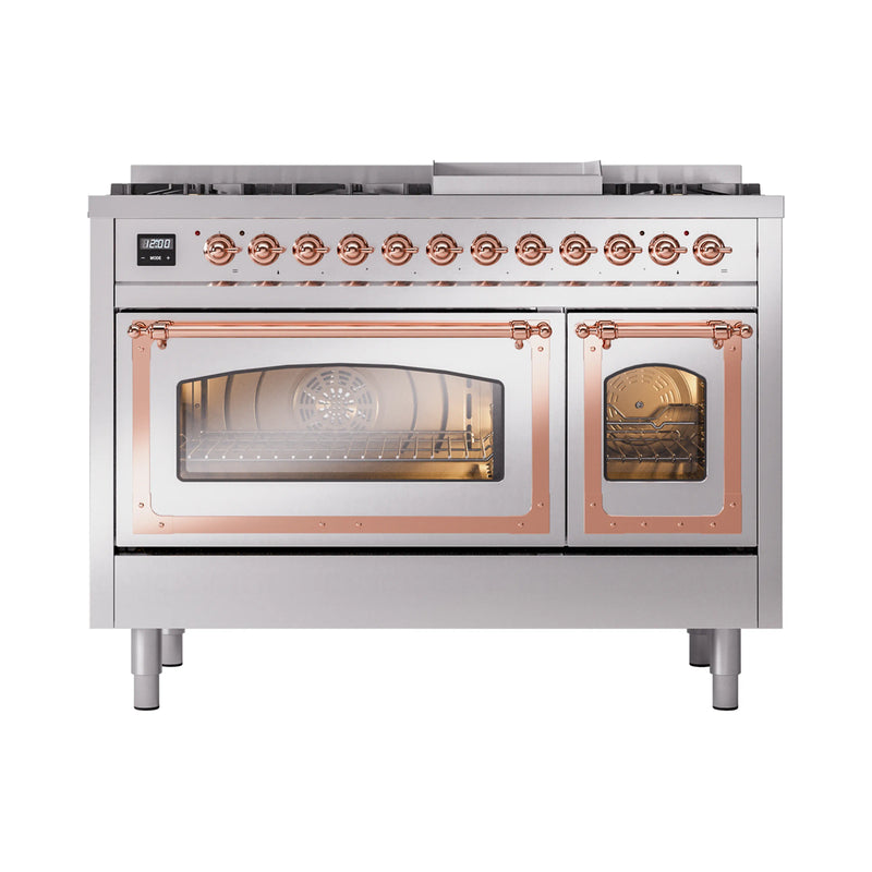 ILVE Nostalgie II Noblesse 48-Inch Dual Fuel Freestanding Range in Stainless Steel with Copper Trim (UN48FNMPSSP)