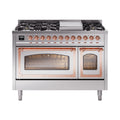 ILVE Nostalgie II Noblesse 48-Inch Freestanding Natural Gas Dual Fuel Range in Stainless Steel with Copper Trim (UN48FNMPSSP)