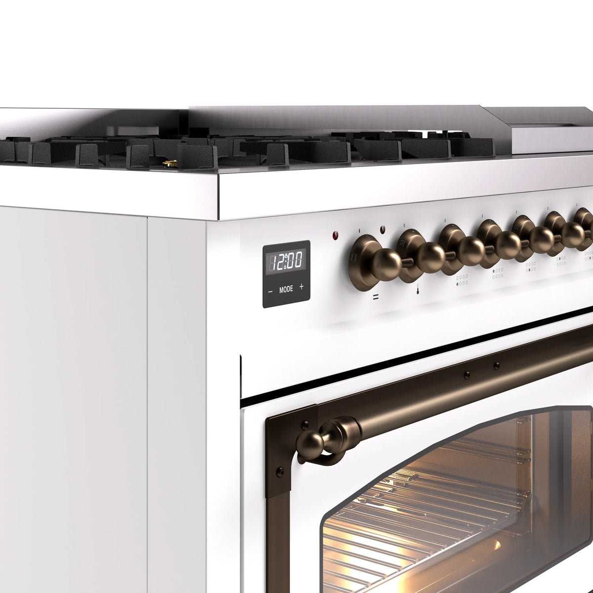 Dual fuel range control panel with digital display and bronze knobs beside oven door