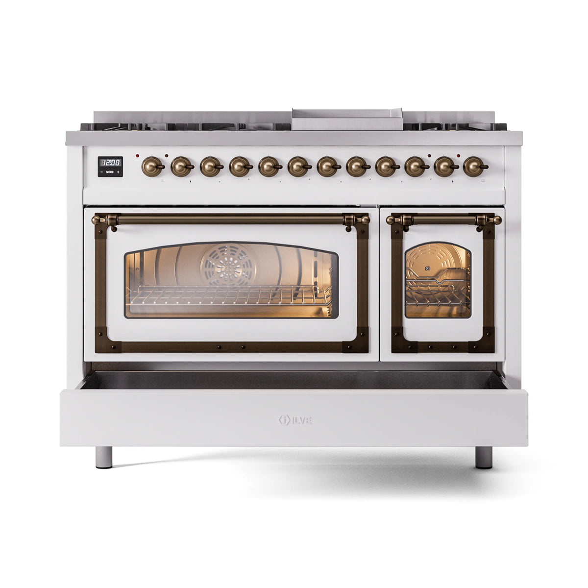 White dual-fuel freestanding range with both oven doors open and bronze trim