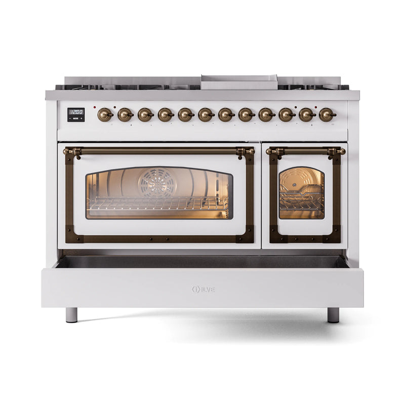 ILVE Nostalgie II Noblesse 48-Inch Dual Fuel Freestanding Range in White with Bronze Trim (UN48FNMPWHB)