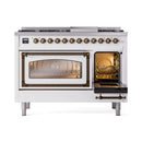 ILVE Nostalgie II Noblesse 48-Inch Dual Fuel Freestanding Range in White with Bronze Trim (UN48FNMPWHBLP)