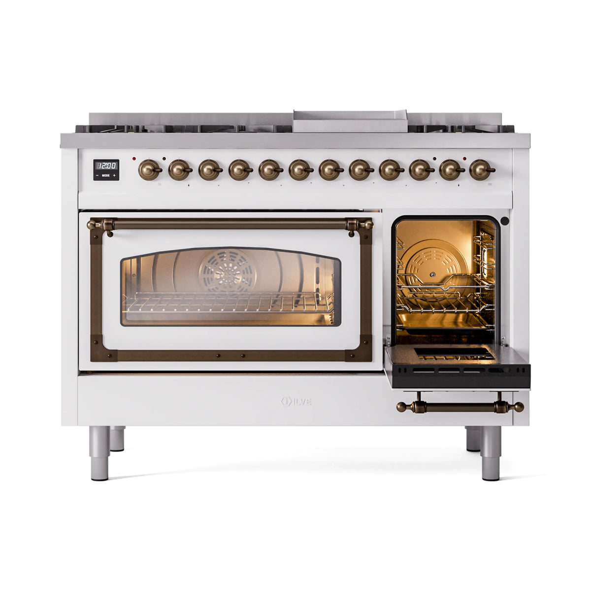 White dual fuel range with bronze-trimmed oven doors and open right oven with racks