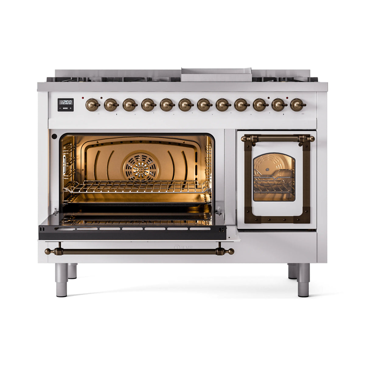 White dual-fuel freestanding range with both ovens lit and bronze-trim handles