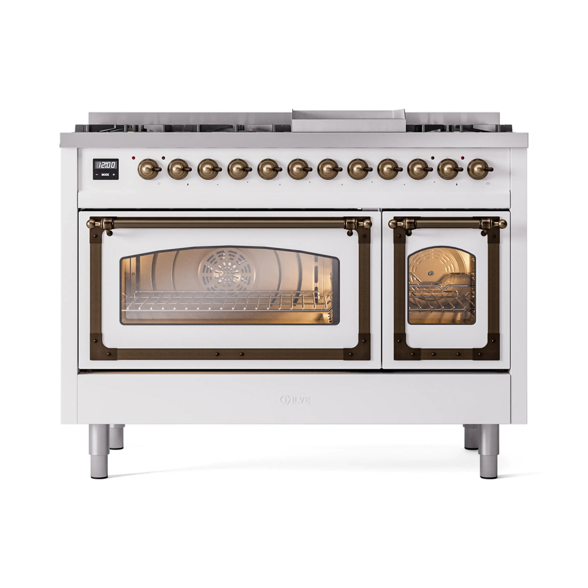 White dual fuel range front view with bronze control knobs and two oven windows
