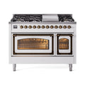 ILVE Nostalgie II Noblesse 48-Inch Freestanding Natural Gas Dual Fuel Range in White with Burnished Bronze Trim (UN48FNMPWHB)