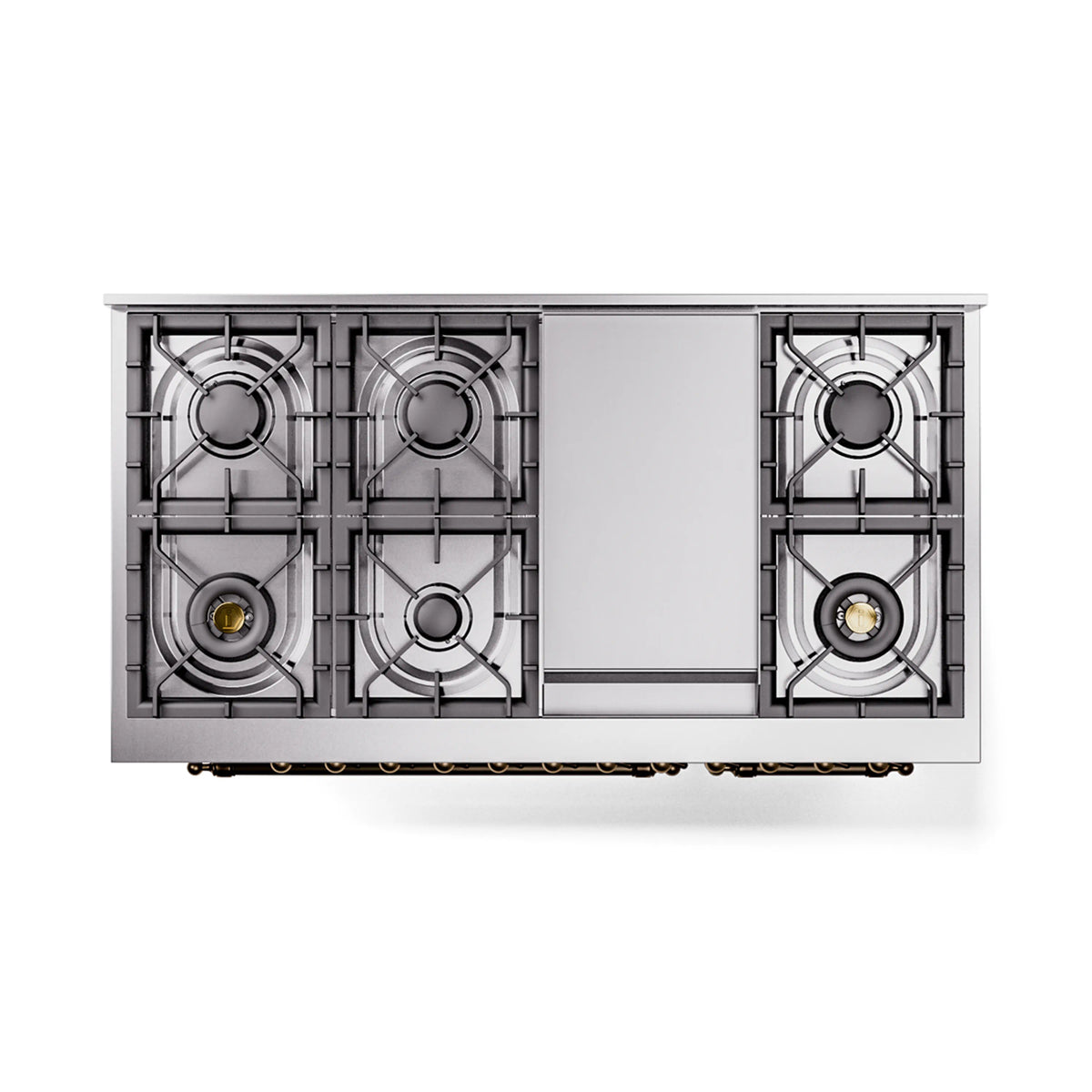 White dual-fuel freestanding range with bronze knobs and three burner grates