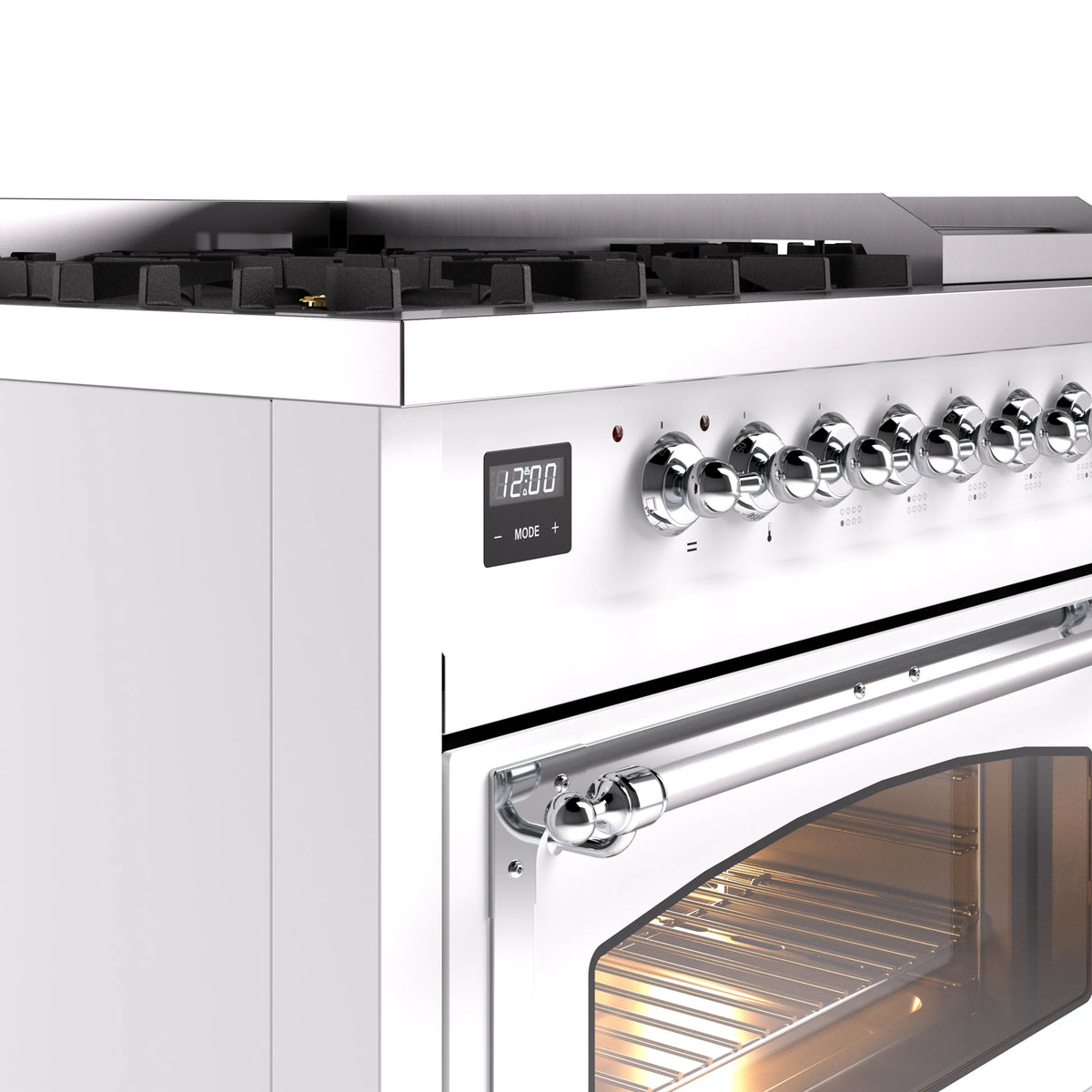 Chrome control knob row with digital display on white dual-fuel gas range