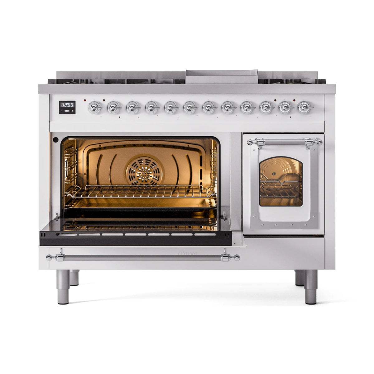 White dual fuel range with main oven and broiler door open, chrome hardware