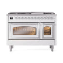 ILVE Nostalgie II Noblesse 48-Inch Freestanding Natural Gas Dual Fuel Range in White with Chrome Trim (UN48FNMPWHC)