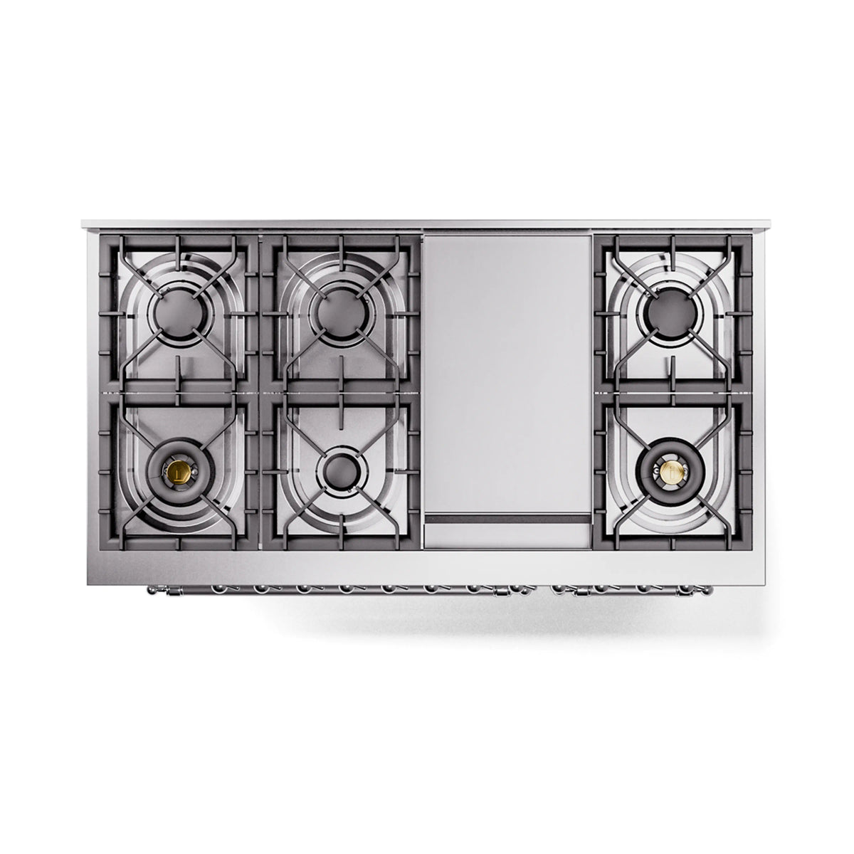 White freestanding dual fuel range with chrome-trimmed burner grates
