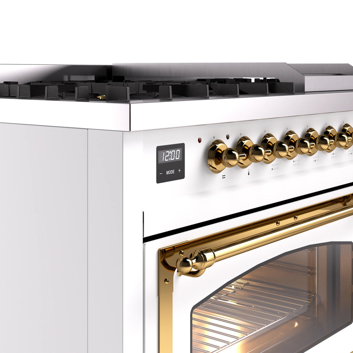White control panel with brass knobs and digital clock display
