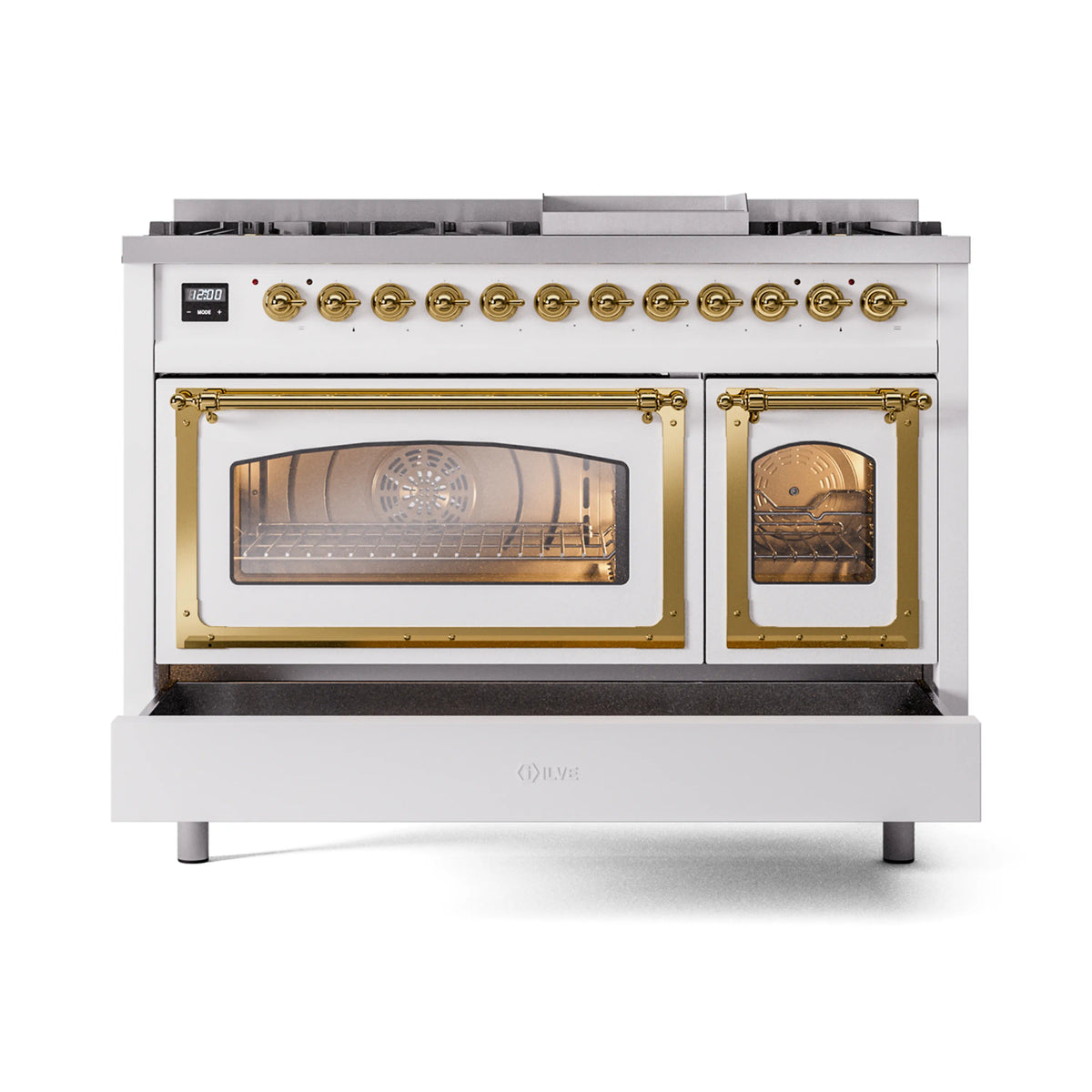 White range with brass-trim oven doors and window showing interior racks