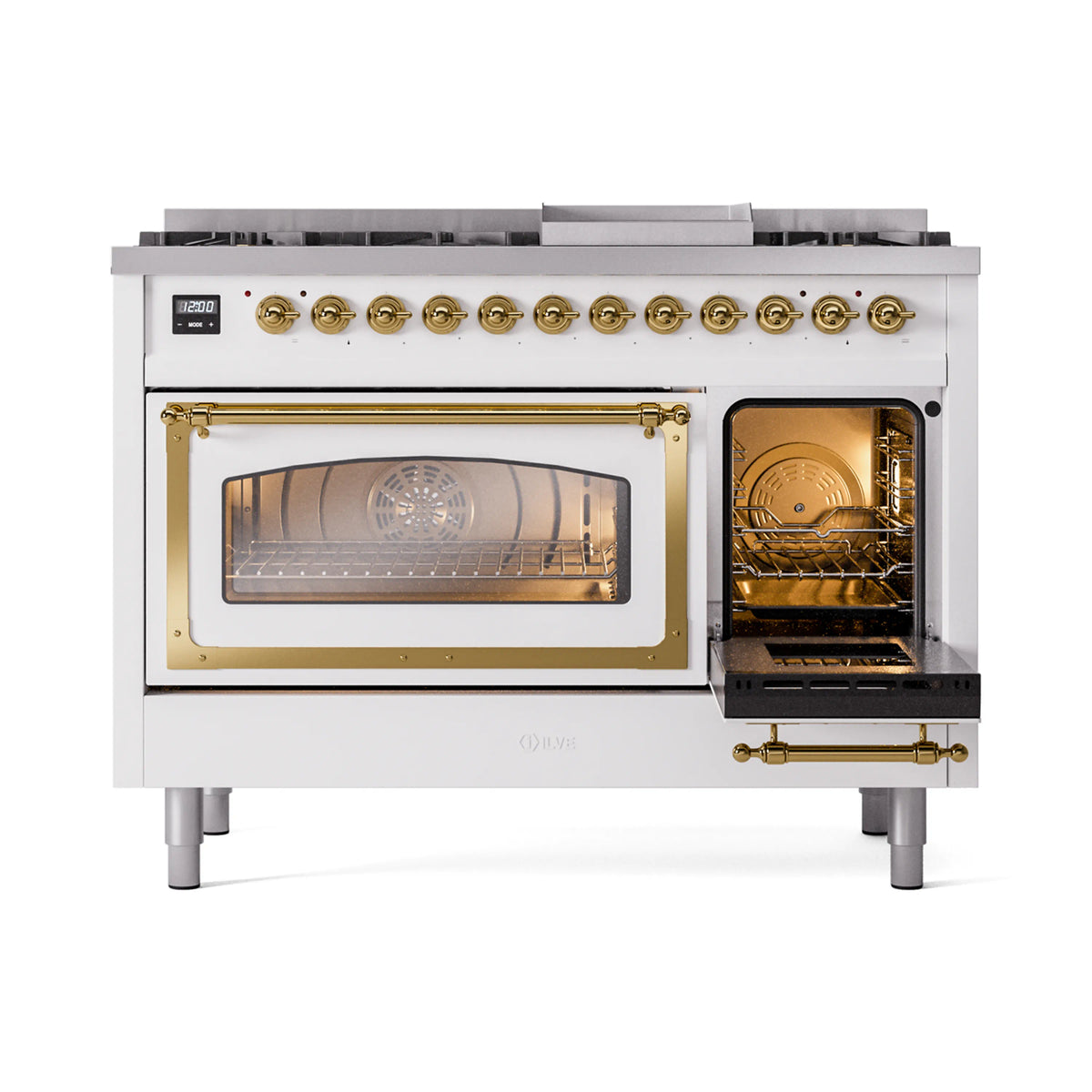 Freestanding range with white exterior, brass knobs, and one oven door slightly open