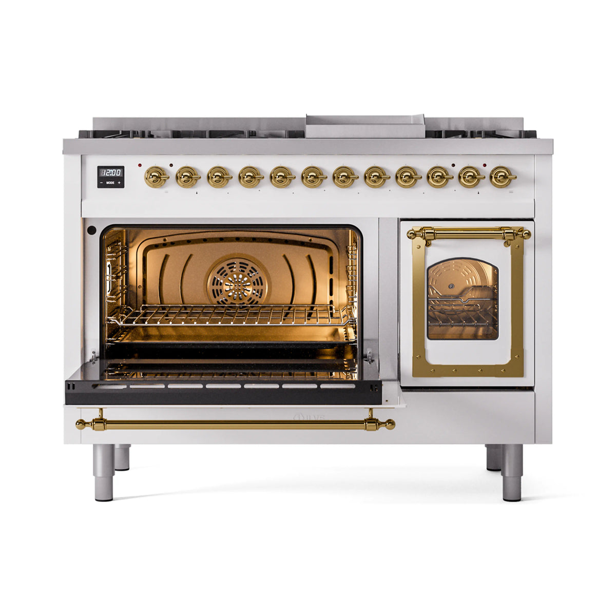 Freestanding gas dual-fuel range with white exterior, brass trim, and open oven door