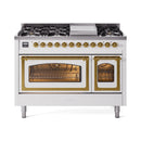 ILVE Nostalgie II Noblesse 48-Inch Freestanding Natural Gas Dual Fuel Range in White with Brass Trim (UN48FNMPWHG)