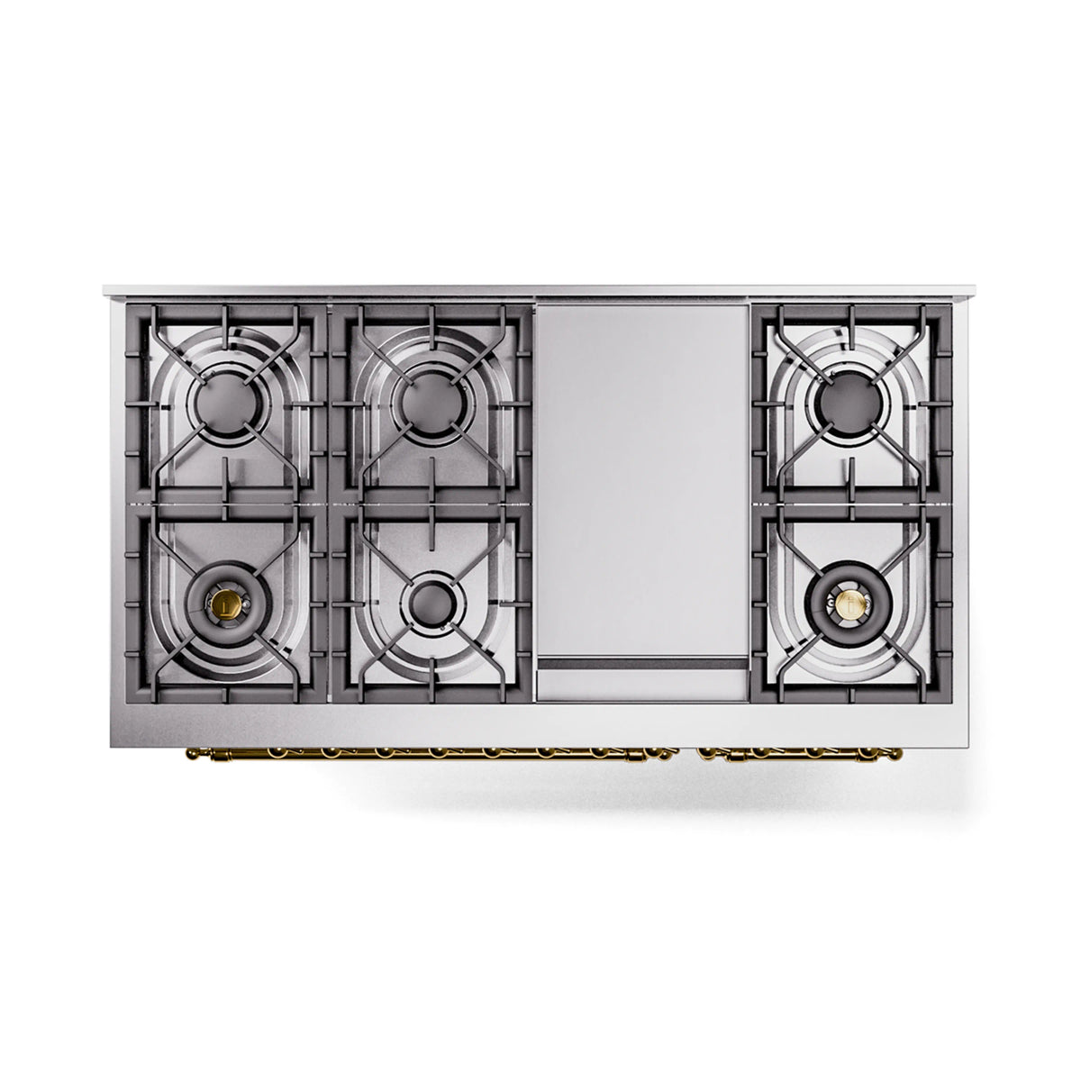 White dual fuel freestanding range with brass accents and black burner grates, front view