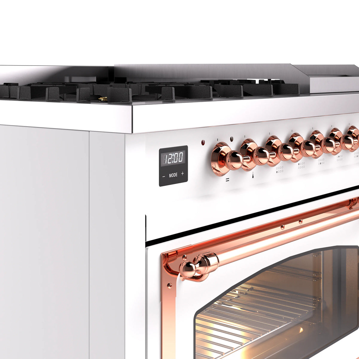 White control panel with clock display, copper knobs, and oven door handle