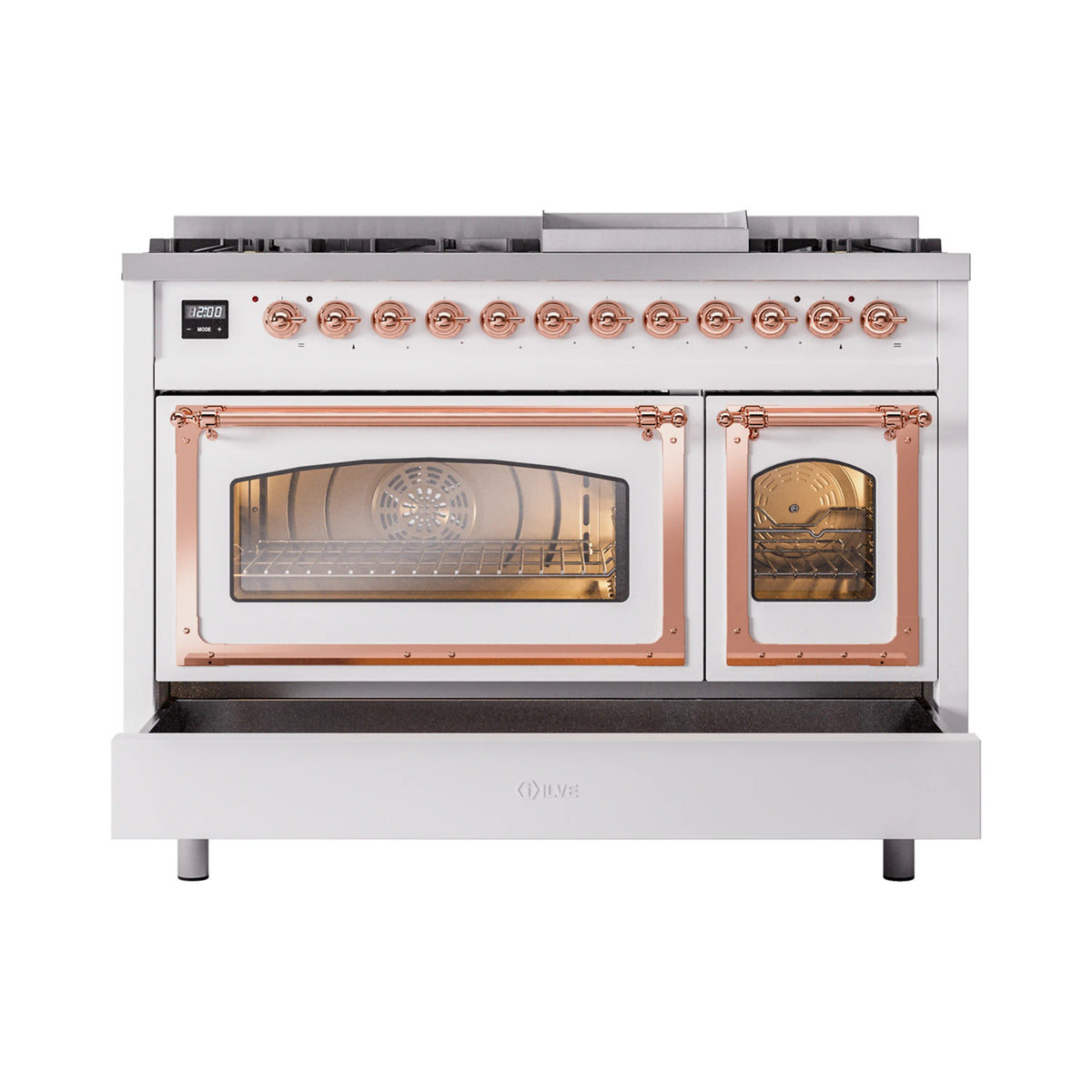 White freestanding range with copper-trimmed oven doors and illuminated oven interiors