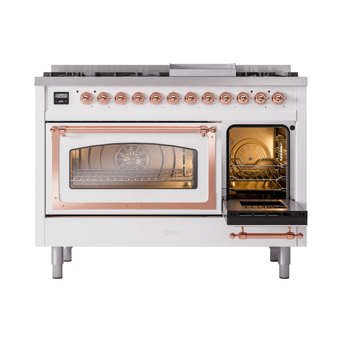 White range with open right oven door, copper trim, and dual glass oven windows