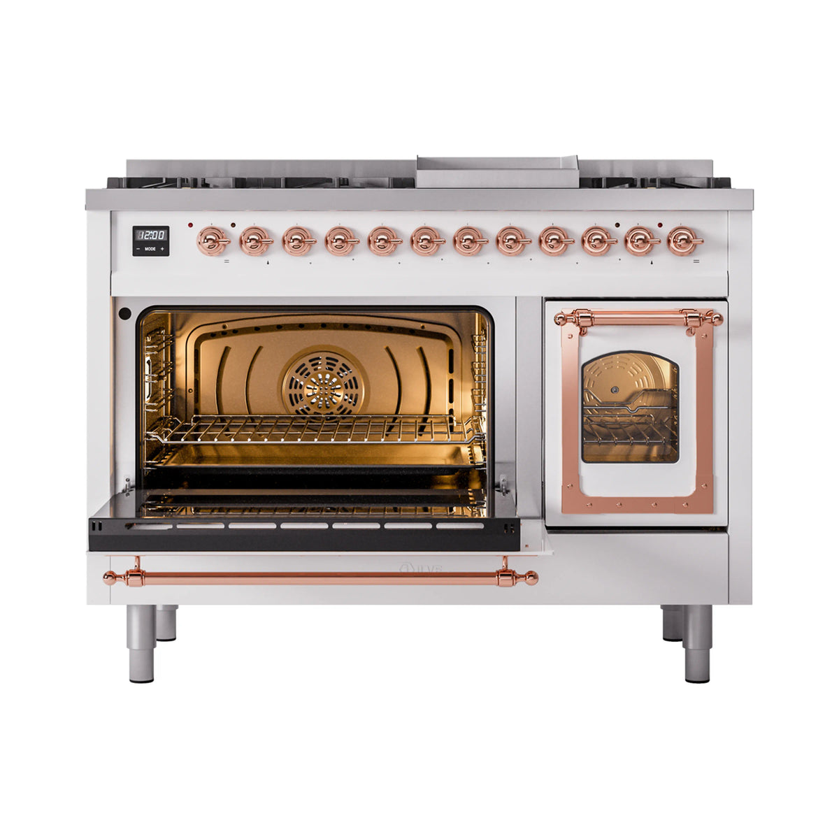 White range with open left oven door, copper trim, and right oven glass door