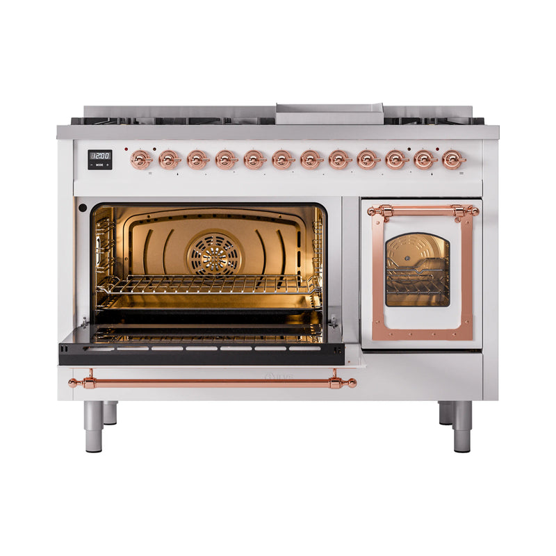 ILVE Nostalgie II Noblesse 48-Inch Dual Fuel Freestanding Range in White with Copper Trim (UN48FNMPWHP)