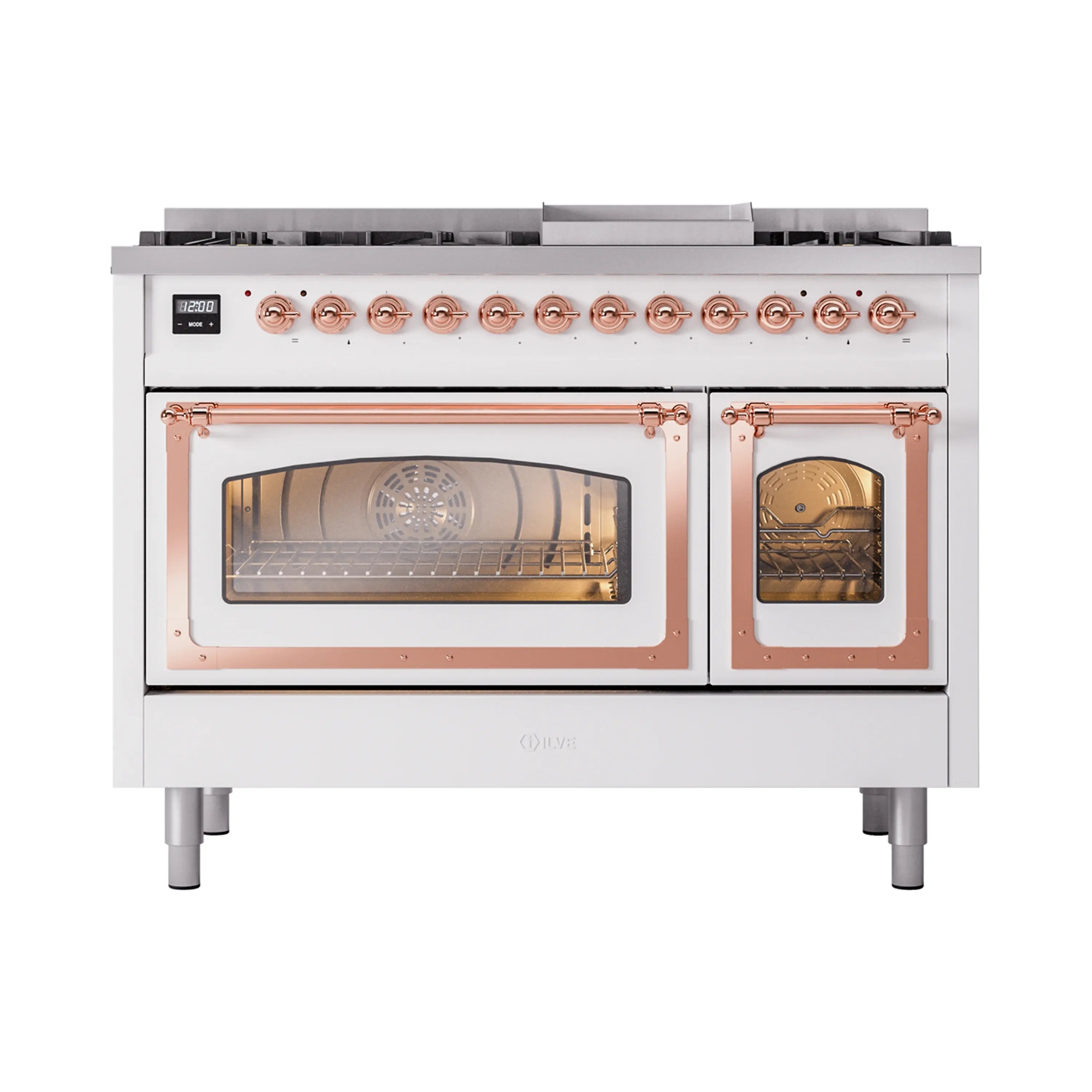 Freestanding white range with copper-trimmed oven windows and front control knob row