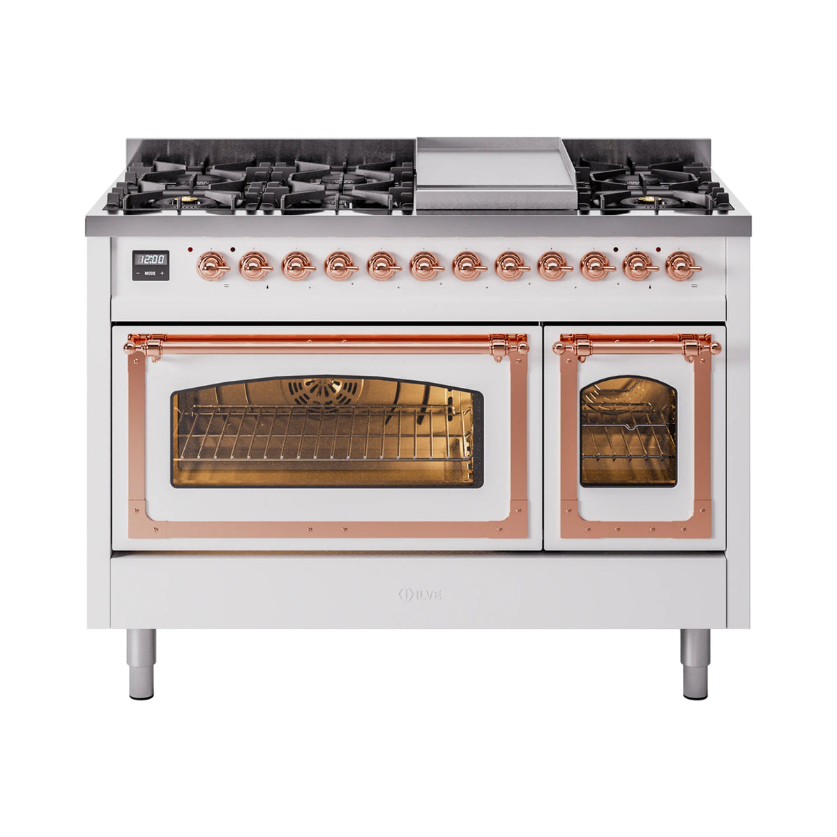 White range with multi-burner cooktop, twin oven doors, and copper-trimmed glass windows
