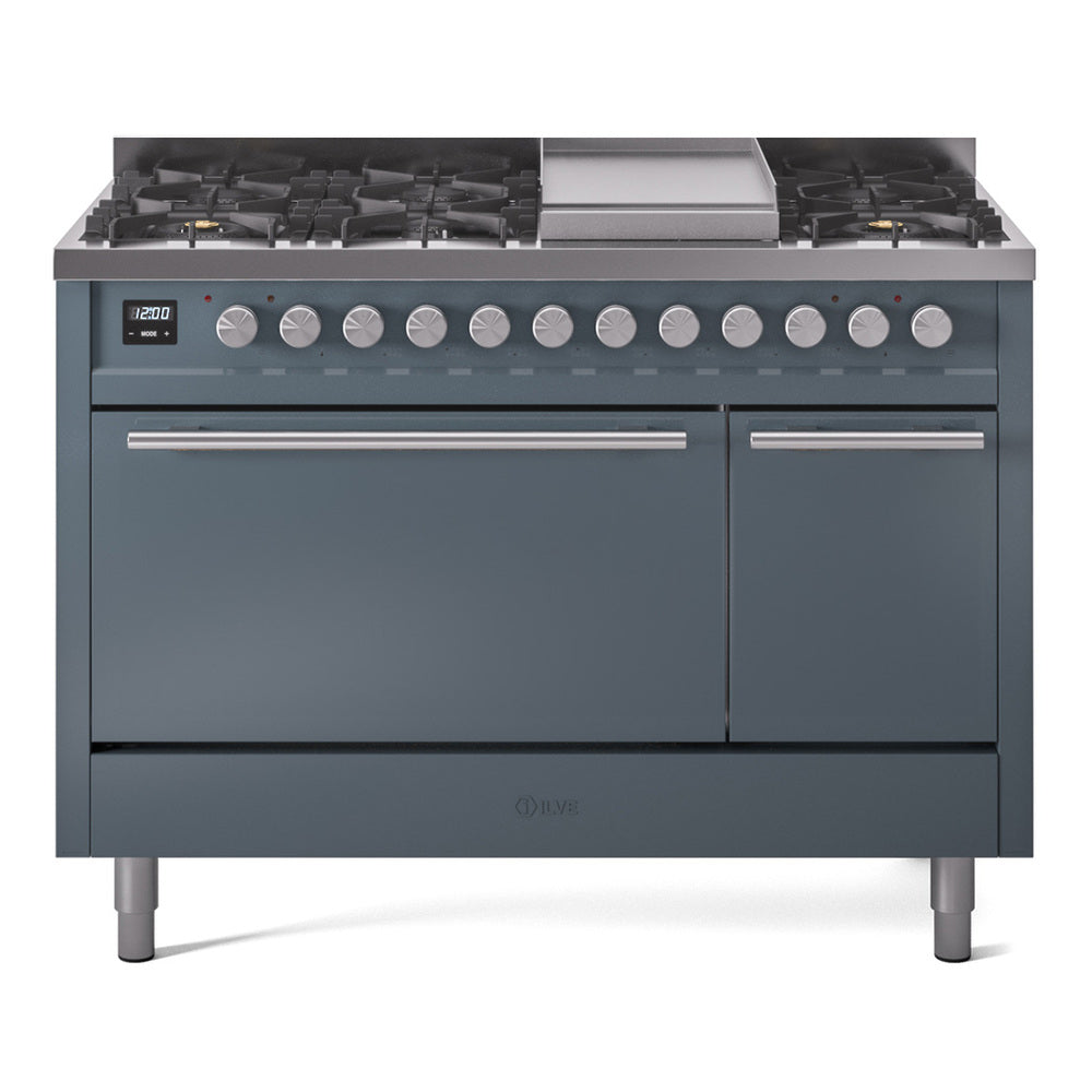 Blue grey dual fuel range front with burner knobs, griddle, and double oven doors