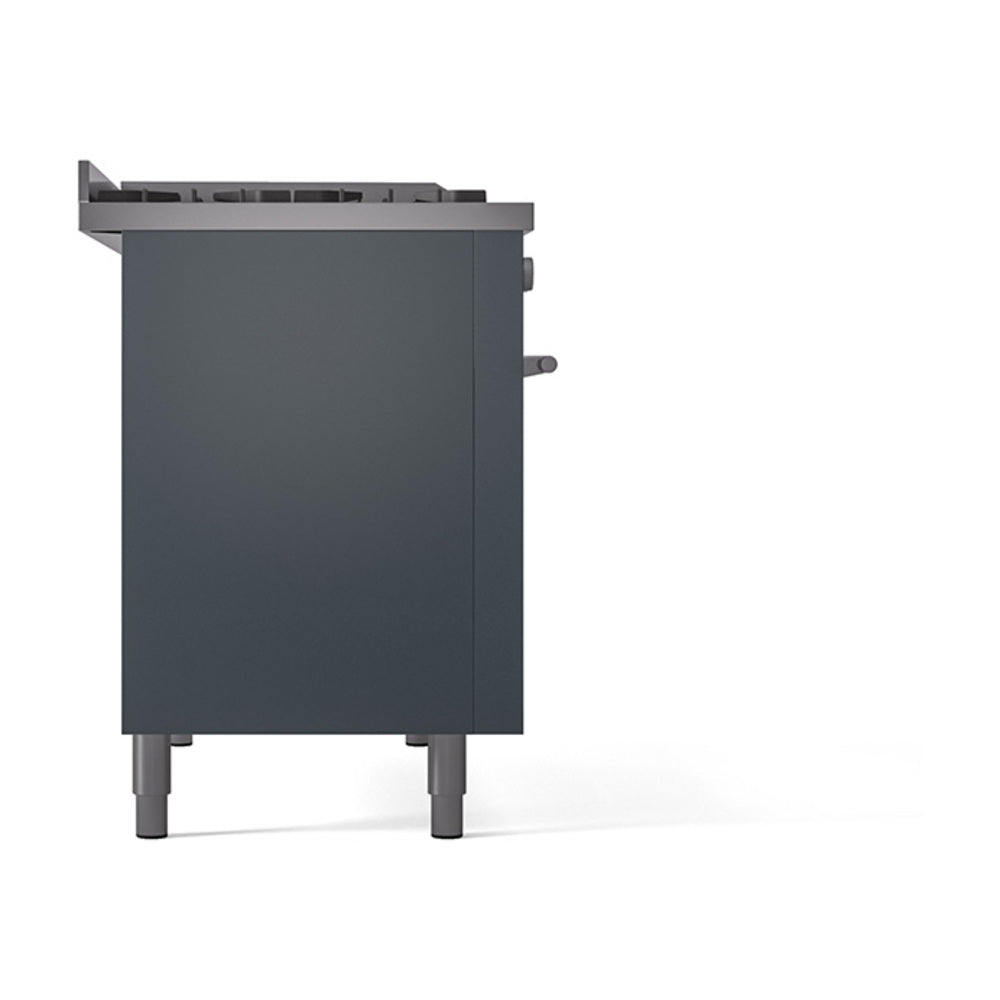 Blue grey range back panel with side access knobs and sturdy pedestal feet
