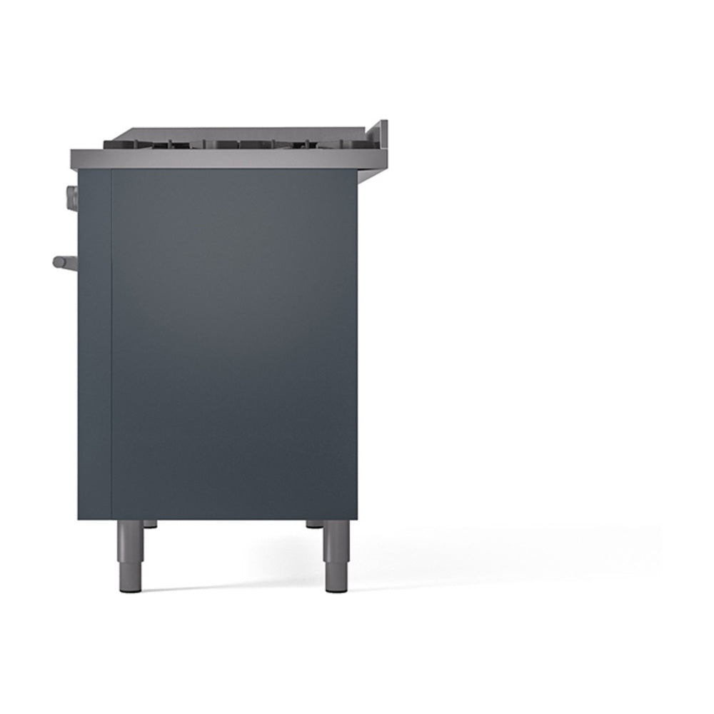 Blue grey range side panel with protruding control knobs and leveling feet