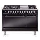 ILVE 48-Inch Professional Plus II Natural Gas Dual Fuel Range with 8 Burners, Griddle, and Solid Door Oven in Glossy Black (UP48FQMPBK)
