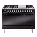 ILVE 48-Inch Professional Plus II Propane Gas Dual Fuel Range with 8 Burners, Griddle, and Solid Door Oven in Glossy Black (UP48FQMPBKLP)