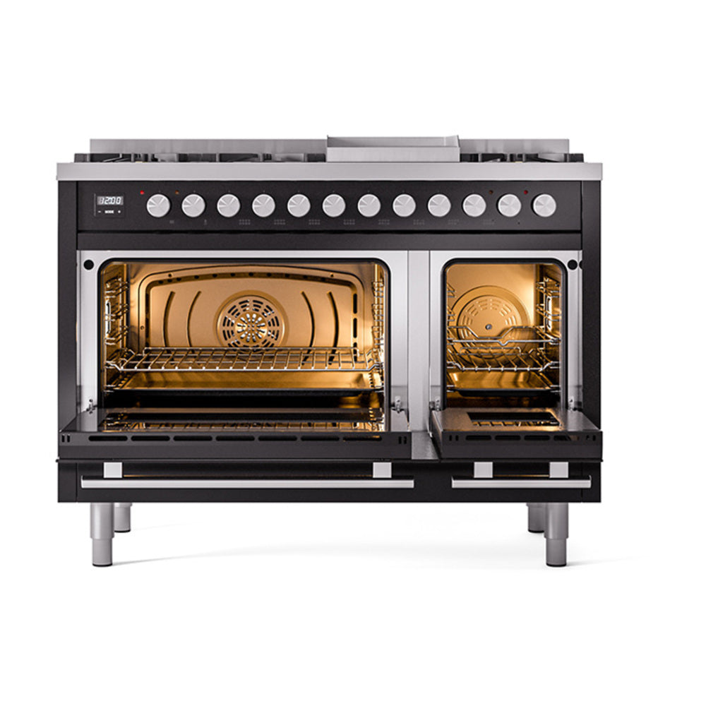 Dual ovens open on glossy black range with lit interiors and oven racks