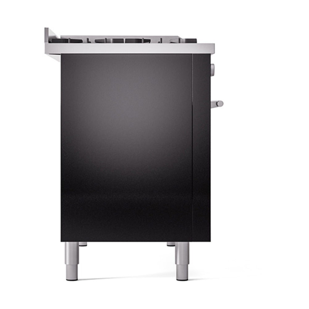 Black range side panel with oven door and right-side control knobs