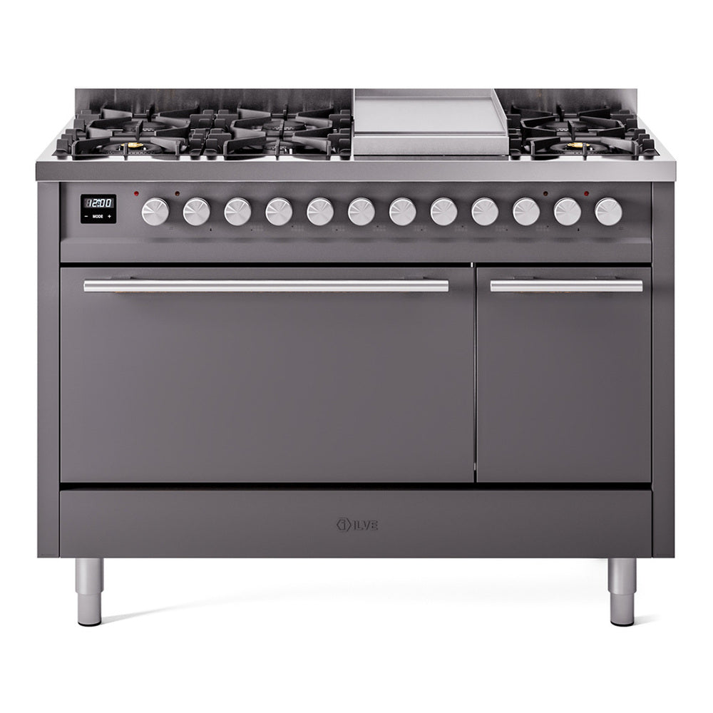 Matte graphite gas range with burners, control knobs, griddle, and dual oven doors