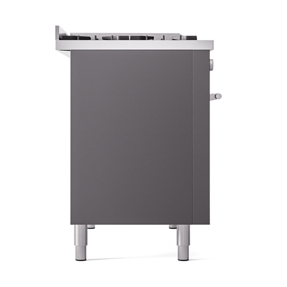 Matte graphite lower oven door with round handle and adjustable leveling legs.