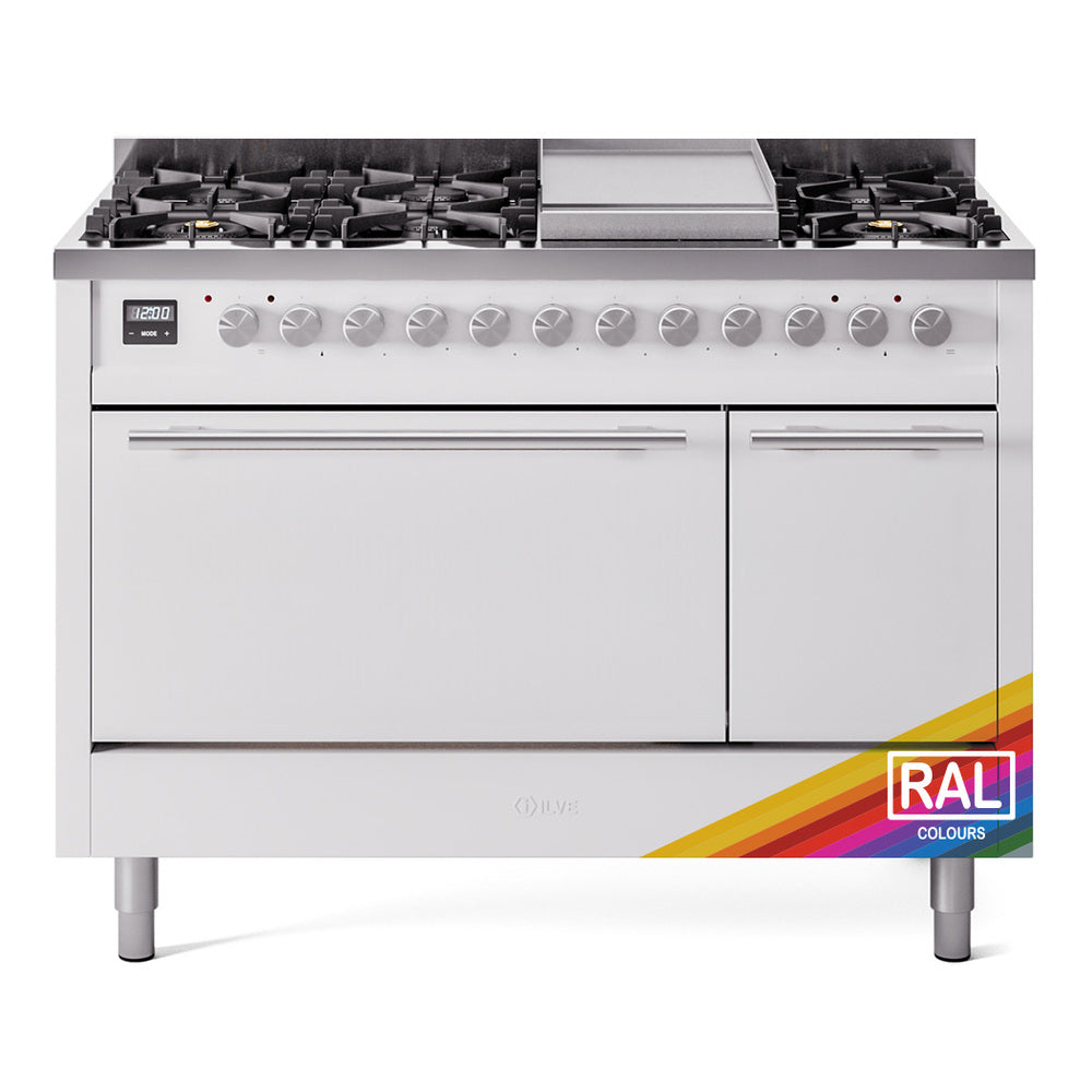 Stainless dual-fuel range with burner grate row, griddle, and two closed oven doors