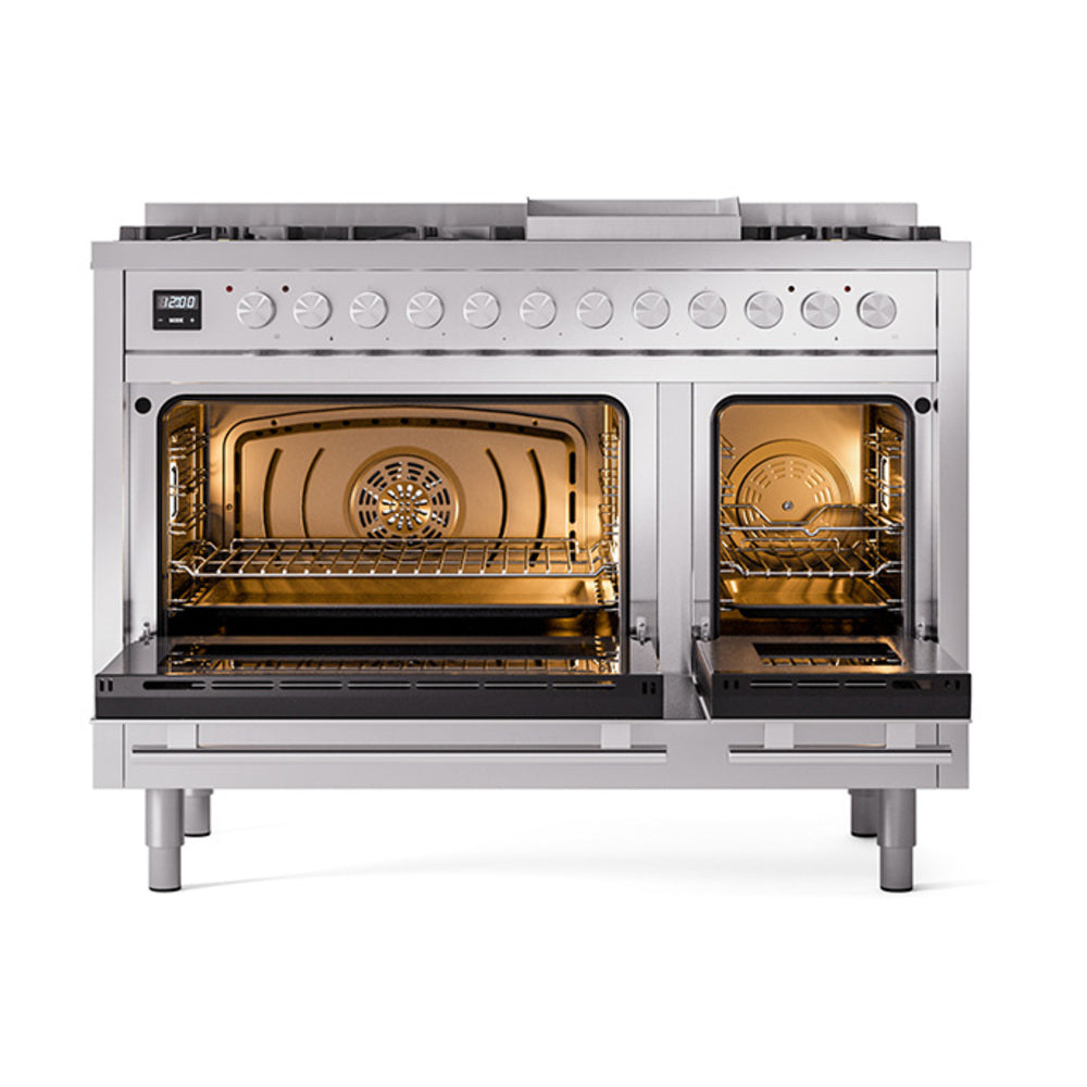 Stainless steel dual fuel range with two open ovens and control knobs