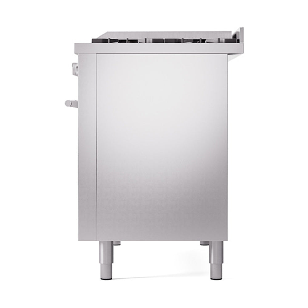 Stainless steel solid door oven front view with legs and top burner grates